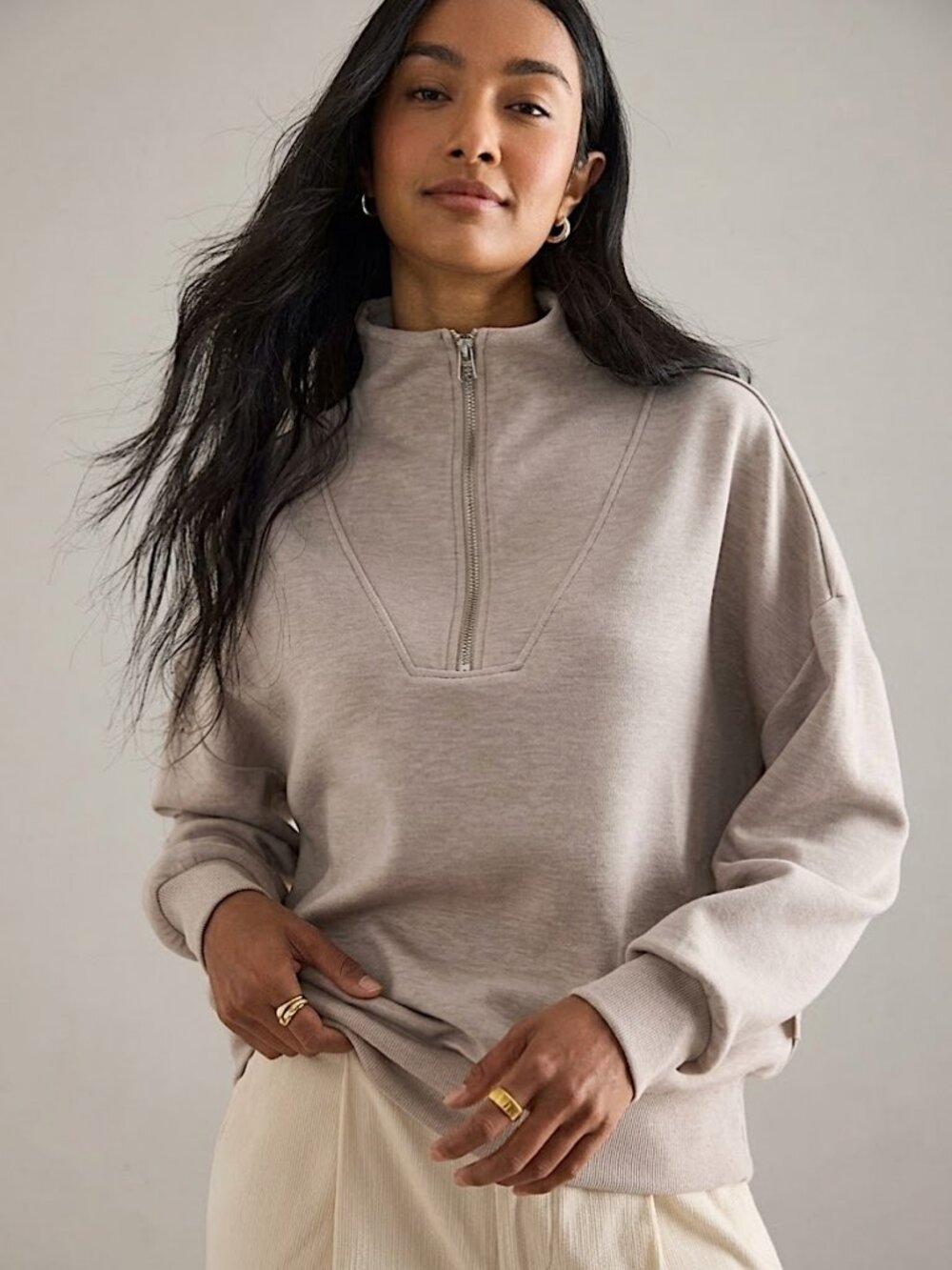 Varley Hawley Half-Zip Sweatshirt in Taupe Size Medium